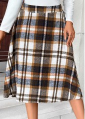 Dark Camel Plaid A Line Elastic Waist Skirt