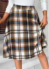 Dark Camel Plaid A Line Elastic Waist Skirt