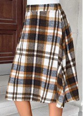 Dark Camel Plaid A Line Elastic Waist Skirt