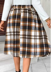 Dark Camel Plaid A Line Elastic Waist Skirt