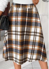 Dark Camel Plaid A Line Elastic Waist Skirt
