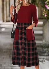 Wine Red Tummy Coverage Plaid Long Sleeve Dress