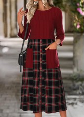 Wine Red Tummy Coverage Plaid Long Sleeve Dress | thumb picture 
