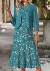 Peacock Blue Tummy Coverage Bracelet Sleeve Dress and Cardigan