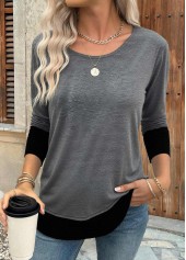 Dark Grey Patchwork Long Sleeve Round Neck T Shirt