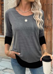 Dark Grey Patchwork Long Sleeve Round Neck T Shirt | thumb picture 
