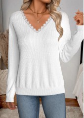 White Patchwork Long Sleeve V Neck Sweater | thumb picture 