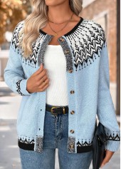 Light Blue Tummy Coverage Tribal Print Long Sleeve Cardigan