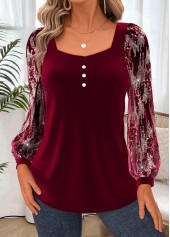 Wine Red Tummy Coverage Long Sleeve Heart Collar Blouse