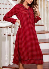 Red Plaid Long Sleeve Turn Down Collar Nightdress