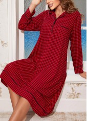 Red Plaid Long Sleeve Turn Down Collar Nightdress | thumb picture 