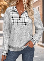 Grey Plaid Long Sleeve Turn Down Collar Sweatshirt | thumb picture 