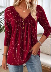 Wine Red Tummy Coverage Geometric Print T Shirt