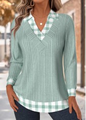 Light Green Tummy Coverage Plaid Long Sleeve T Shirt