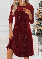 Wine Red Tummy Coverage Polka Dot Long Sleeve Dress