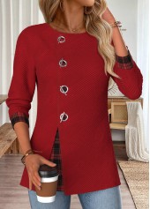 Wine Red Tummy Coverage Plaid Long Sleeve Blouse | thumb picture 