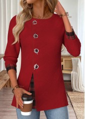 Wine Red Tummy Coverage Plaid Long Sleeve Blouse