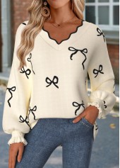 Beige Curved Hem Long Sleeve V Neck Sweatshirt