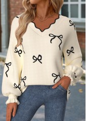 Beige Curved Hem Long Sleeve V Neck Sweatshirt | thumb picture 