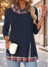 Navy Tummy Coverage Plaid Long Sleeve Cowl Neck Sweatshirt