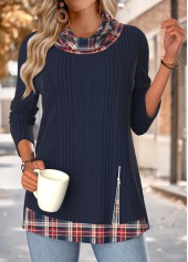 Navy Tummy Coverage Plaid Long Sleeve Cowl Neck Sweatshirt | thumb picture 