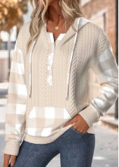 Light Camel Tummy Coverage Plaid Long Sleeve Hoodie