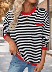 Black Patch Pocket Striped Long Sleeve Round Neck Sweater