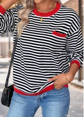 Black Patch Pocket Striped Long Sleeve Round Neck Sweater | thumb picture 