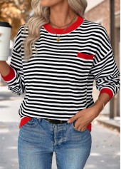 Black Patch Pocket Striped Long Sleeve Round Neck Sweater | thumb picture 