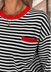 Black Patch Pocket Striped Long Sleeve Round Neck Sweater | thumb picture 