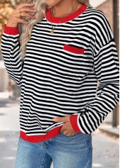 Black Patch Pocket Striped Long Sleeve Round Neck Sweater | thumb picture 
