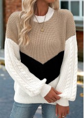 Light Camel Tummy Coverage Long Sleeve Round Neck Sweater