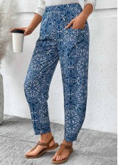 Denim Blue Pocket Tribal Print Jogger Elastic Waist Pants