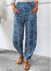 Denim Blue Pocket Tribal Print Jogger Elastic Waist Pants