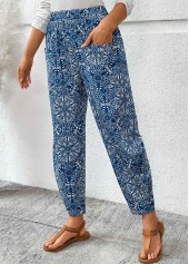 Denim Blue Pocket Tribal Print Jogger Elastic Waist Pants