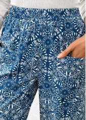 Denim Blue Pocket Tribal Print Jogger Elastic Waist Pants