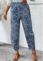Denim Blue Pocket Tribal Print Jogger Elastic Waist Pants