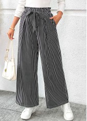 Black Pocket Striped Wide Leg Elastic Waist Pants