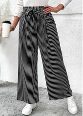 Black Pocket Striped Wide Leg Elastic Waist Pants
