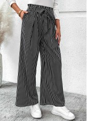 Black Pocket Striped Wide Leg Elastic Waist Pants