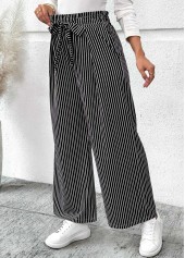 Black Pocket Striped Wide Leg Elastic Waist Pants