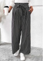 Black Pocket Striped Wide Leg Elastic Waist Pants