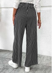 Black Pocket Striped Wide Leg Elastic Waist Pants
