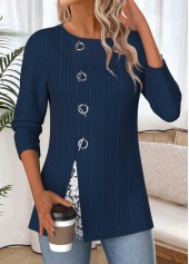 Navy Tummy Coverage Long Sleeve Round Neck Blouse
