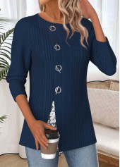 Navy Tummy Coverage Long Sleeve Round Neck Blouse