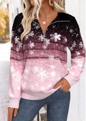 Pink Tummy Coverage Snowflake Print Long Sleeve Sweatshirt