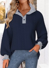 Navy Curved Hem Striped Long Sleeve Stand Collar Sweatshirt