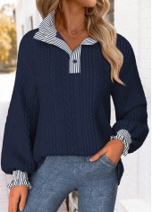 Navy Curved Hem Striped Long Sleeve Stand Collar Sweatshirt | thumb picture 