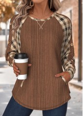 Dark Coffee Tummy Coverage Plaid Long Sleeve Sweatshirt