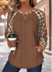 Dark Coffee Tummy Coverage Plaid Long Sleeve Sweatshirt